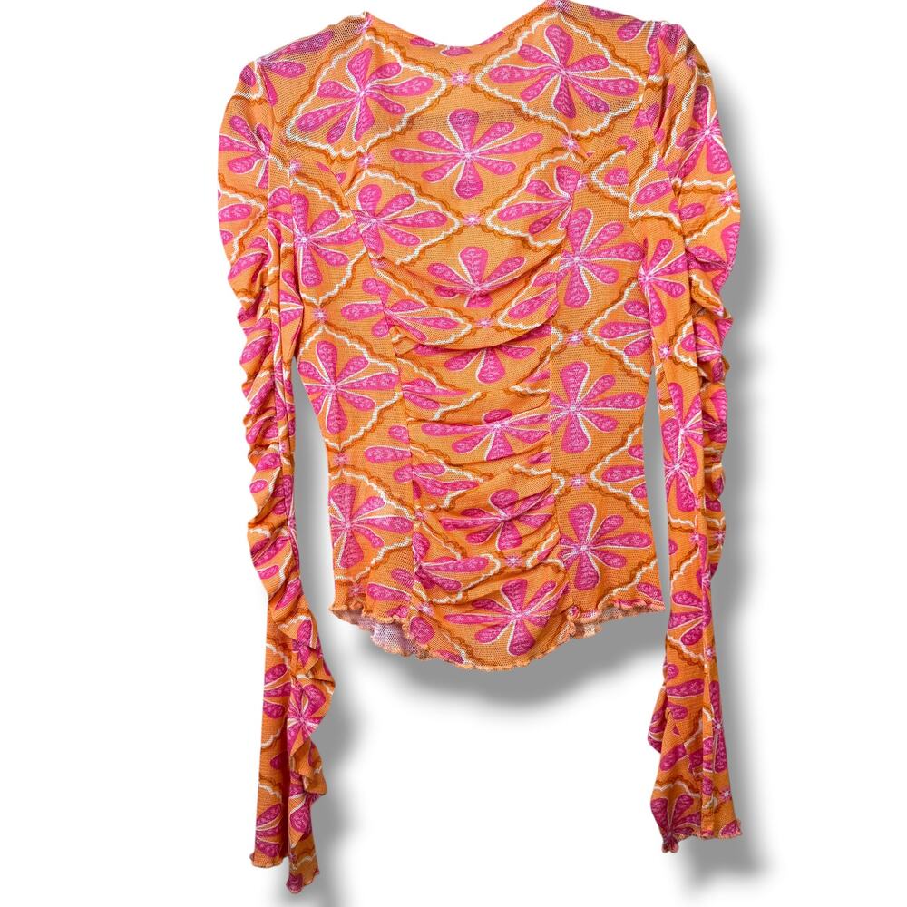 NEW Free People Through The Meadow Grapefruit Seltzer Orange Ruched Retro Top - Picture 10 of 13